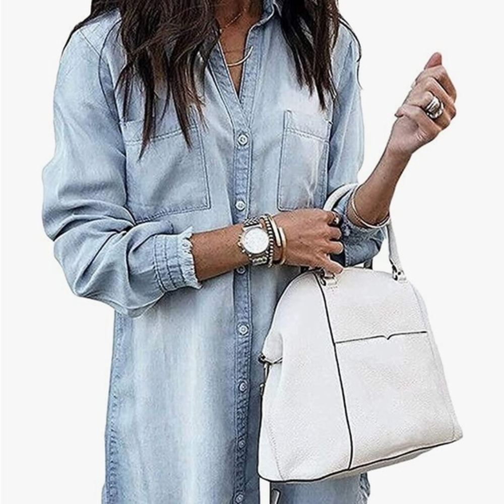 ZILCREMO SHIRT DRESS. LONG SLEVE DISTRESSED JEANS. BUTTON‎ DOWN